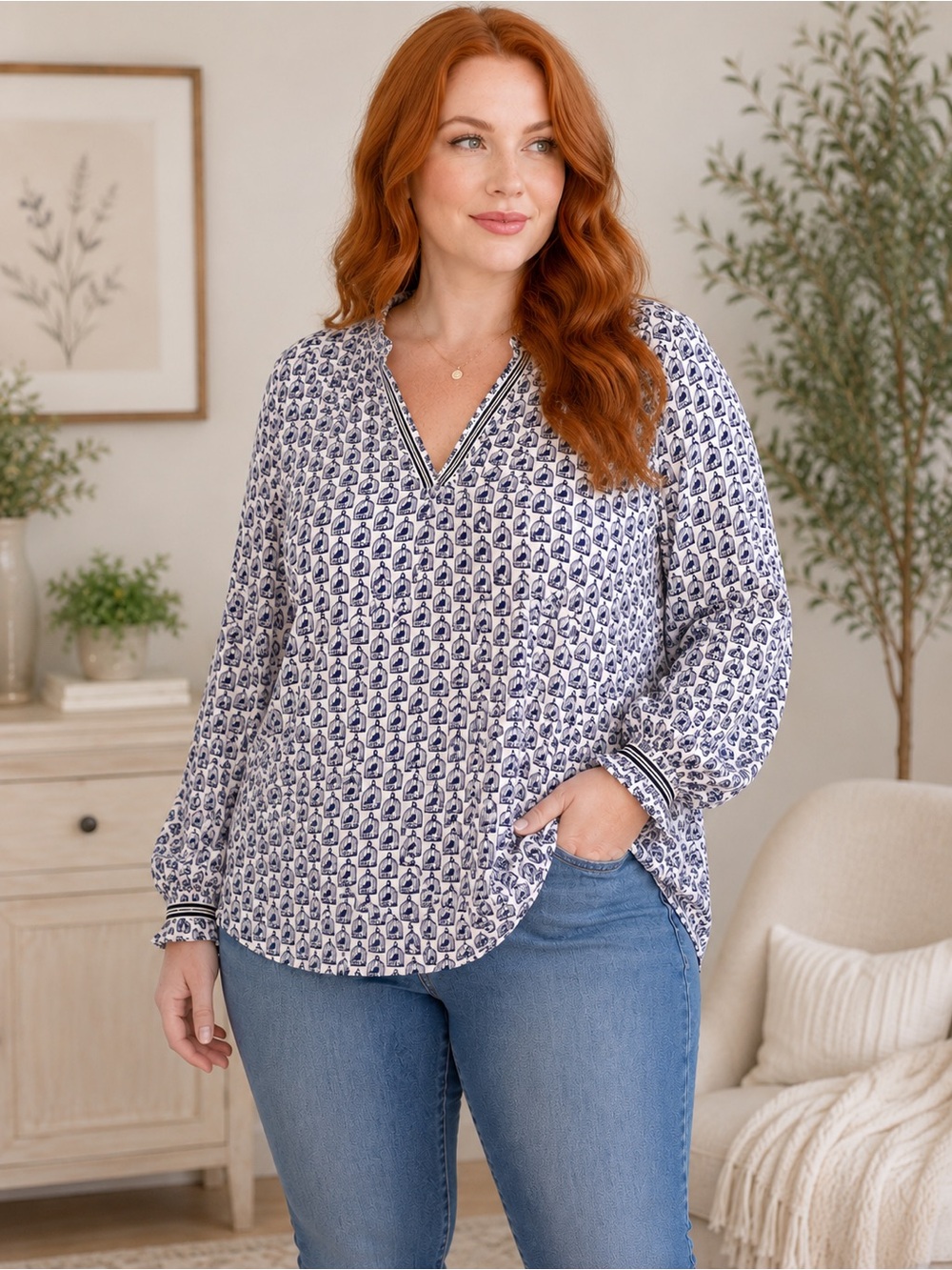 Talbots Navy and White Printed V-Neck Tunic Blouse